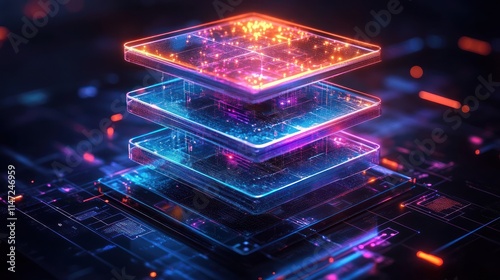 Abstract layered glowing digital data cube.
