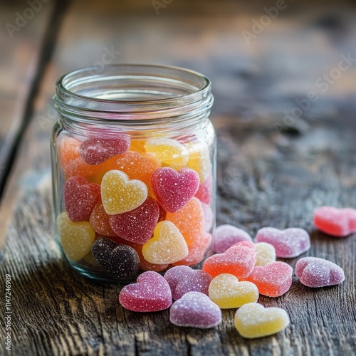 Colorful heart-shaped candies in a glass jar on a wooden surface. photo