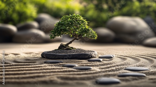 Tranquil Zen Garden with Bonsai Tree