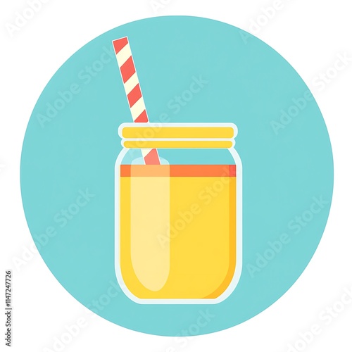 Bright Yellow Drink in Jar with Straw Against Blue Background