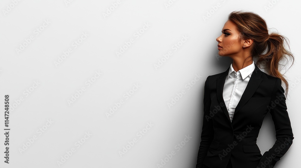 Confident woman in black suit against white background. Confident woman in black suit against white background.