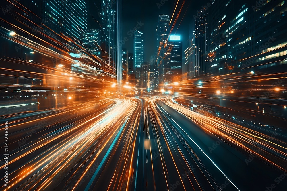 Fast paced city street at night. Concept of urban dynamism and technology.