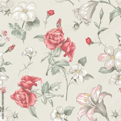Wallpaper Mural Floral wallpaper design featuring pink roses, white lilies, and delicate blooms in soft colors on a light background. Generative AI Torontodigital.ca