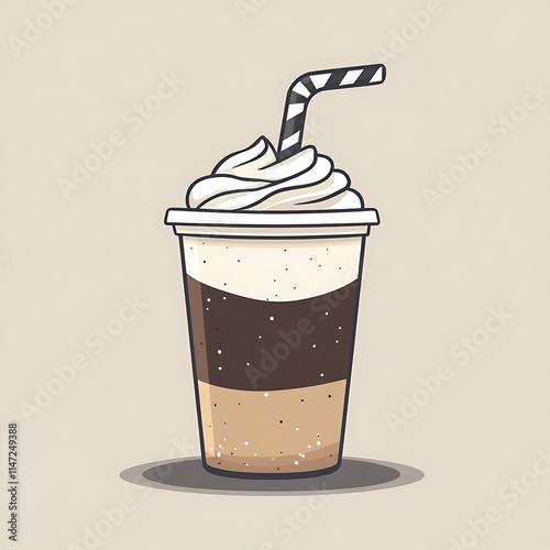 Delicious Layered Milkshake with Cream and Straw in Cartoon Style