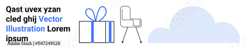 Gift box with blue ribbon, modern office chair, and cloud shape. Placeholder text Qast uvex yzan cled ghi Vector Illustration Lorem ipsum. Ideal for office themes, gifts, tech, modernity, simplicity
