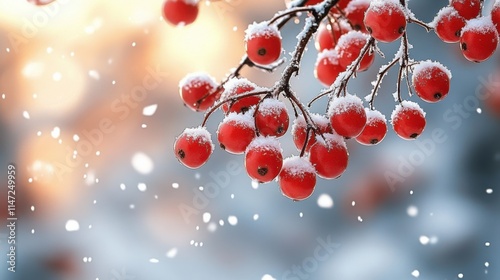 In winter, the ripe red fruits on the trees are covered with snow