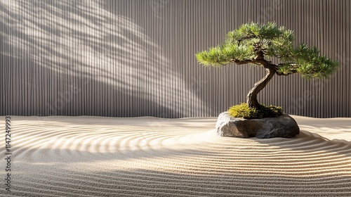 Tranquil Zen Garden with Bonsai Tree