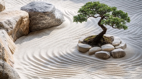 Tranquil Zen Garden with Bonsai Tree