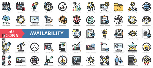 Availability icon collection set. Containing solution, service, network, system, application, data, resource icon. Simple flat color illustration.