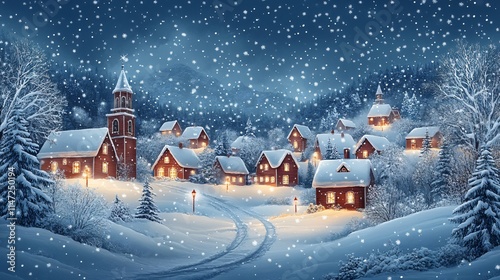 Snowy Christmas village street at night