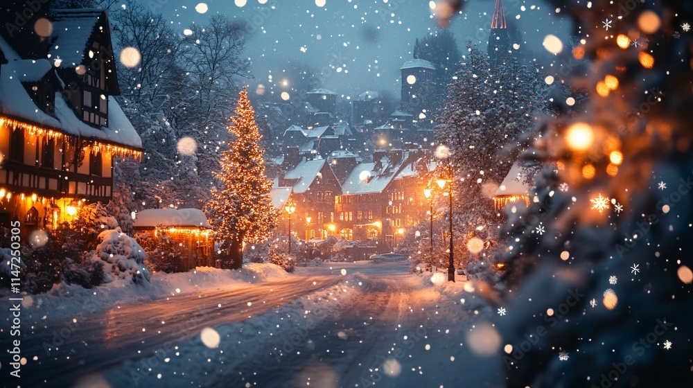 Naklejka premium Snowy Christmas night city