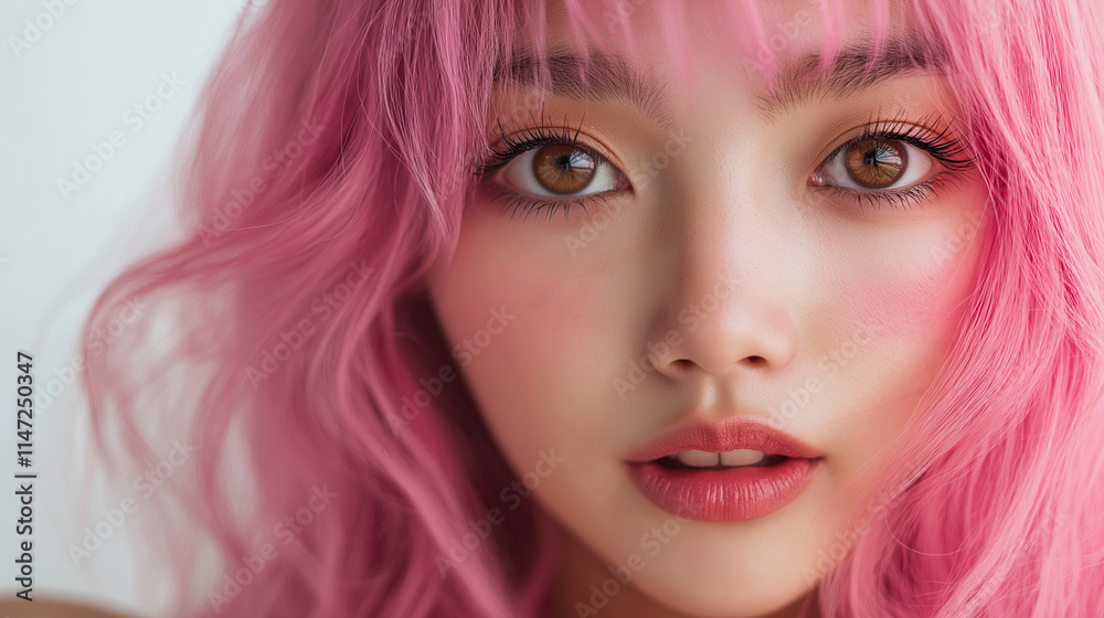 Fototapeta premium Portrait of a beautiful young asian with pink hair , model girl with pink hairstyle