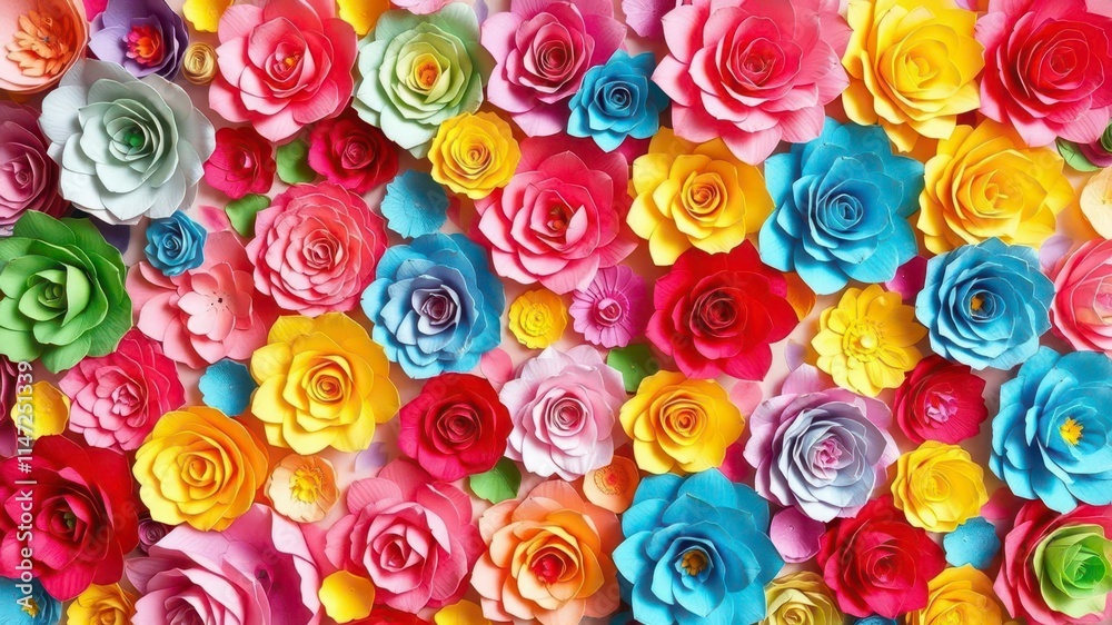Backdrop featuring a vibrant array of paper roses in various sizes and colors, colorful backdrop, handmade Backdrop featuring a vibrant array of paper roses in various sizes and colors, colorful backdrop, handmade