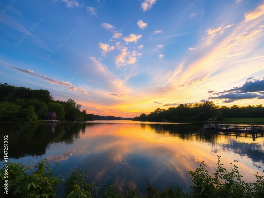 Fototapeta premium Vibrant sunset sky over a peaceful lake surrounded by lush greenery, beauty, trees, picturesque
