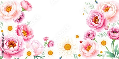 Fototapeta Naklejka Na Ścianę i Meble -  Watercolor flowers in soft pastel tones including roses, peonies, and daisies Perfect for botanical designs and floral patterns, pastel, peonies