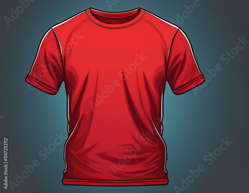 A bright red t-shirt with black trim around the neckline is displayed against a dark blue gradient background. photo