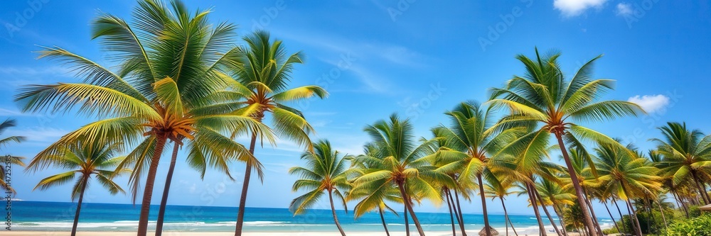 Majestic beach with sparkling turquoise waters, white sandy shore, and lush palm trees, paradise, blue sky Majestic beach with sparkling turquoise waters, white sandy shore, and lush palm trees, paradise, blue sky