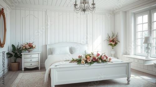 Luxurious bedroom interior with king size bed and white wooden nightstand table adorned with fresh flowers  interior  white wooden  decoration