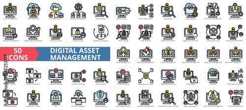 Digital asset management icon collection set. Containing repository, cloud file ,database ,indexing, version control, cms, content icon. Simple flat outline color illustration.