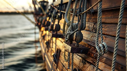 Golden Hour on the Ancient Sailboat: A Close-Up of Nautical Details