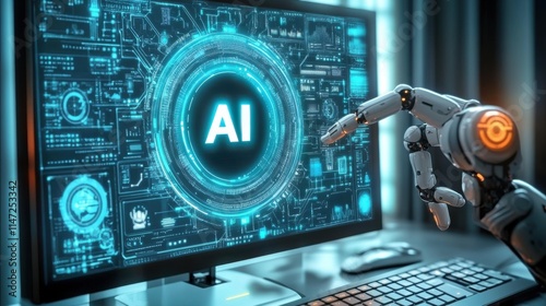 Robot touches screen with fingers, artificial intelligence concept