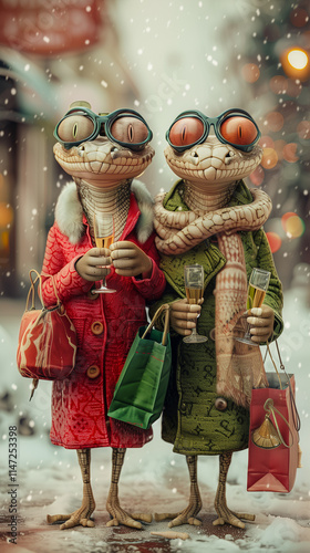 For the best friends in New Year, two best friends snakes are having fun doing shopping in the centre of the town   photo