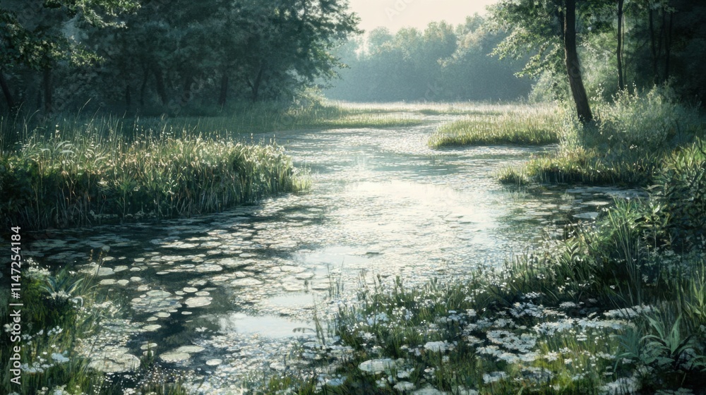Serene Water Reflection in Lush Green Wetland Landscape Photography Serene Water Reflection in Lush Green Wetland Landscape Photography
