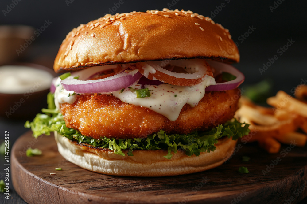 Delicious chicken sandwich served with crispy fries on a wooden board. Generative AI Delicious chicken sandwich served with crispy fries on a wooden board. Generative AI