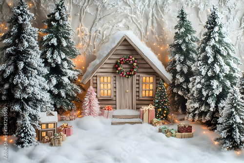 A cozy cabin is surrounded by delicate snow-covered trees, creating a magical holiday atmosphere