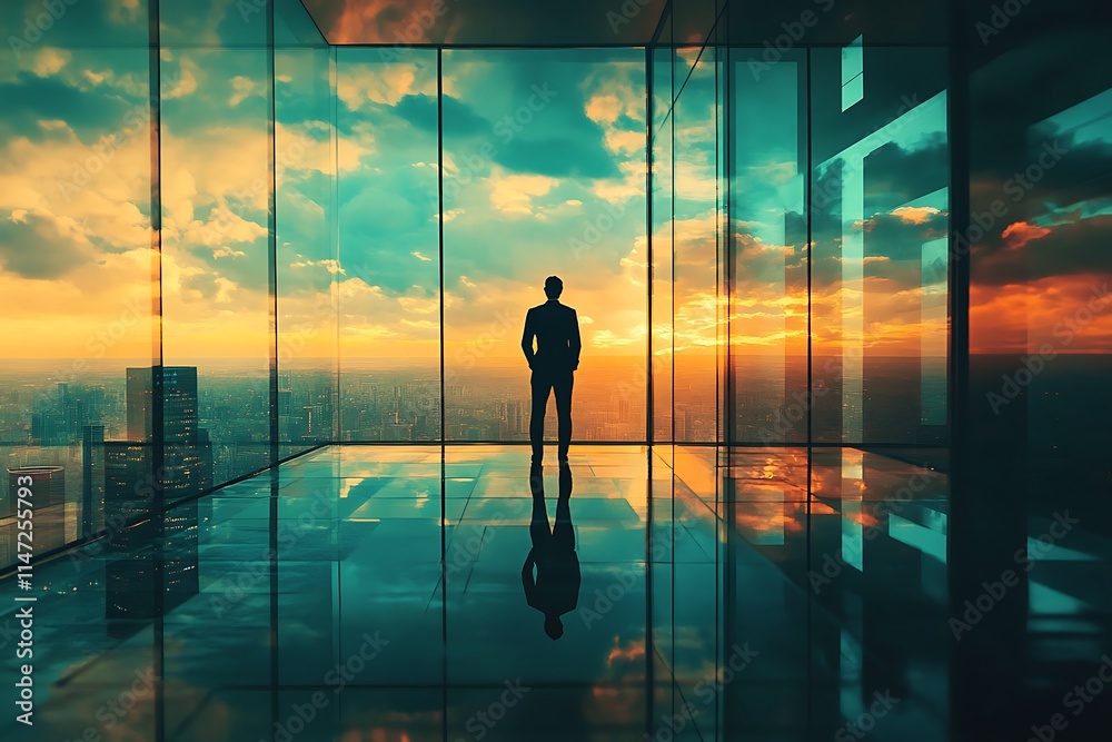 Businessman Silhouette at Sunset City View Businessman Silhouette at Sunset City View