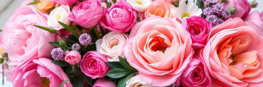 Bright and colorful bouquet of fresh pink peonies and roses on a white background with space for text, romantic, flowers Bright and colorful bouquet of fresh pink peonies and roses on a white background with space for text, romantic, flowers