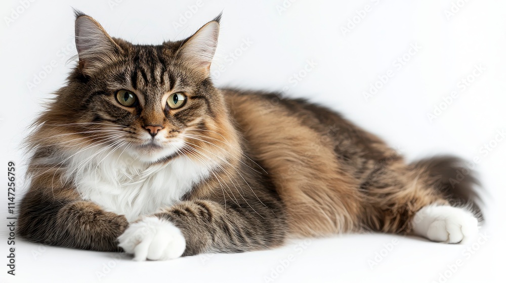Fluffy Maine Coon Cat Lying on Bright White Surface Relaxed Pose Fluffy Maine Coon Cat Lying on Bright White Surface Relaxed Pose