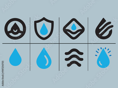 Waterproof, liquid resistant layers, protection from rain, water drops icon set Black logo set with water drop, wave, rain, sea symbol