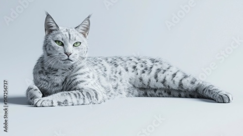 Elegant Silver Spotted Cat Reclining on Light Grey Background photo