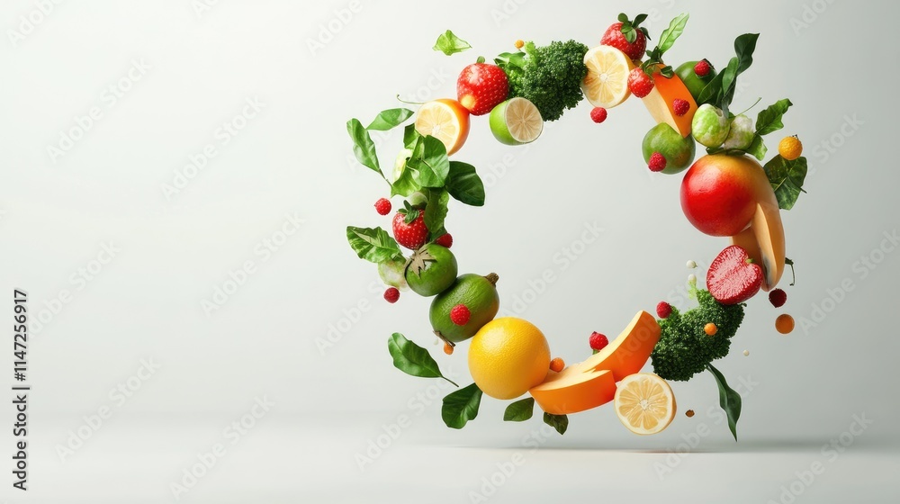 A 3D stylized circle of fresh fruits and vegetables, arranged to symbolize detox and wellness, set against a simple white background for clarity and impact