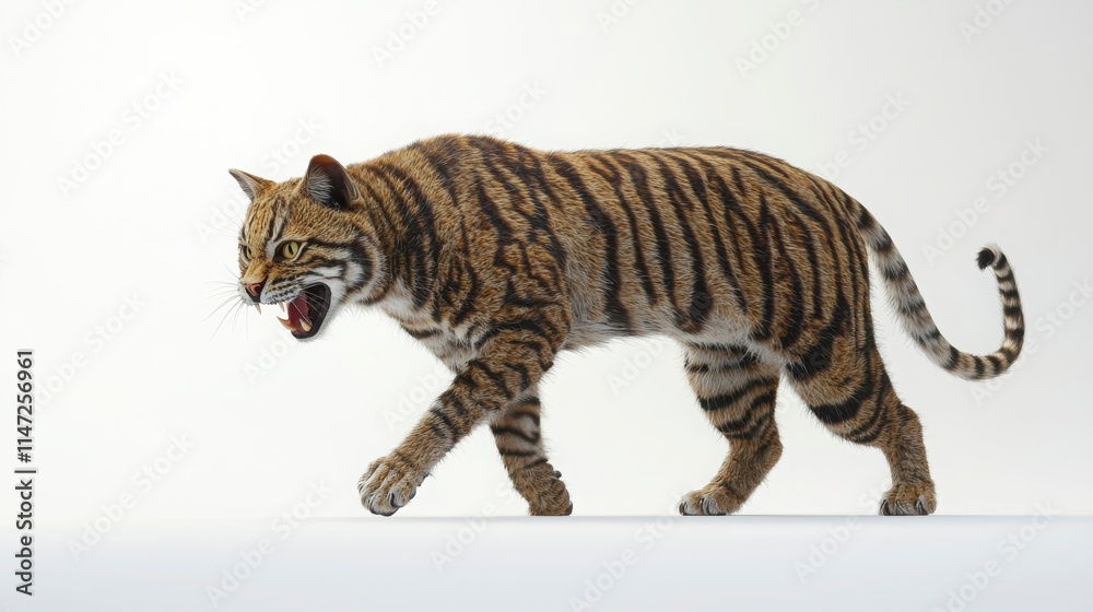 Obraz premium Fierce Tiger Walking with Intense Expression on a Neutral Background