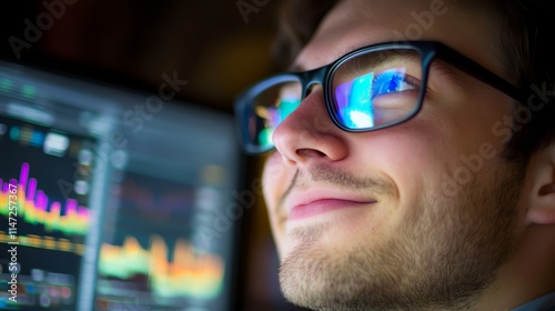Data Analytics. Closeup of an analyst works at his office with reflection of business datum dashboard on his glasses