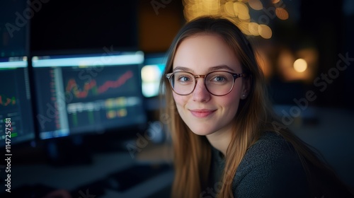 Data Analytics. The analyst at her office with computer screen display business datum dashboard in the background