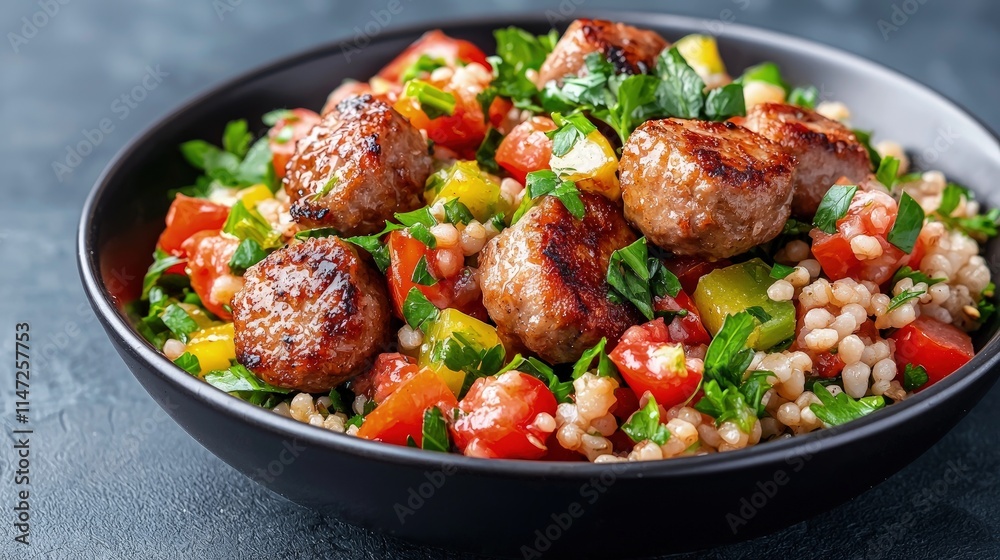 Grilled meatballs and pearl couscous salad with chopped tomatoes and peppers in a black bowl.