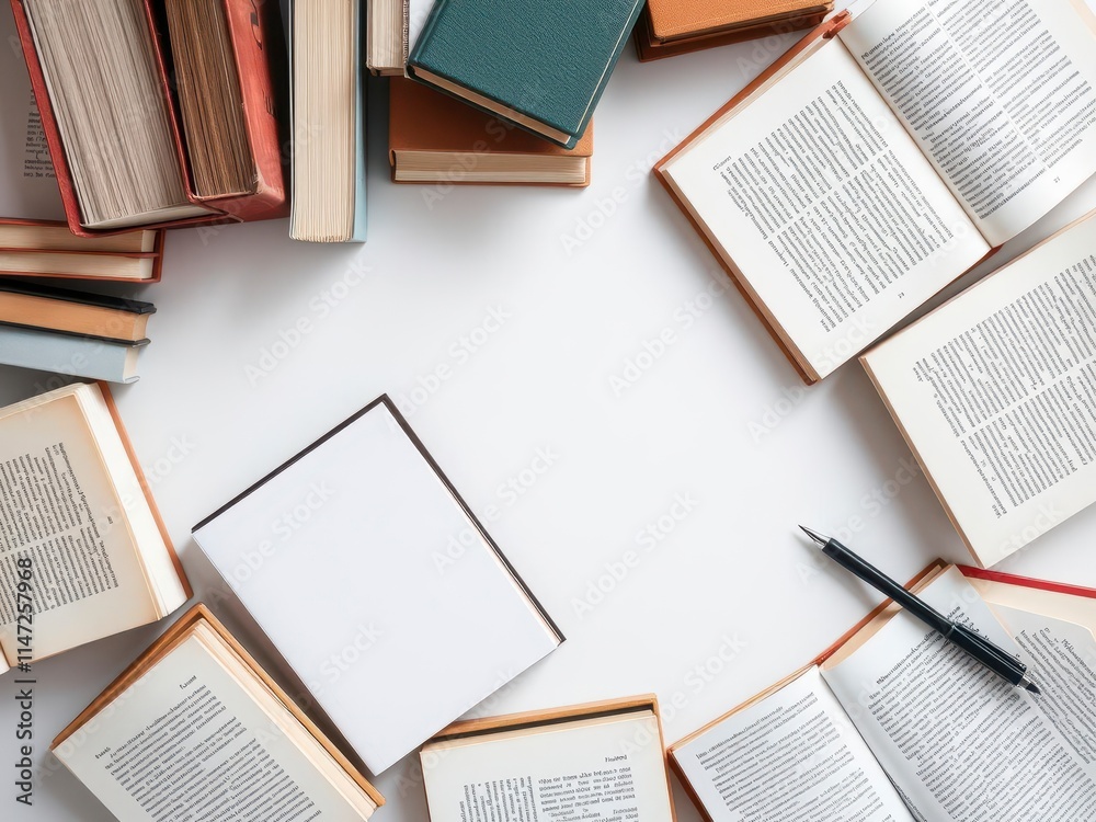 Obraz premium Two open soft cover books mockup on a wooden table, publishing, literature, design