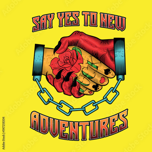 Old school tattoo illustration, neo trad of handcuffed handshake between man and the devil, man's hand tattooed with rose, lettering luck and playing cards, lettering written say yes to new adventures