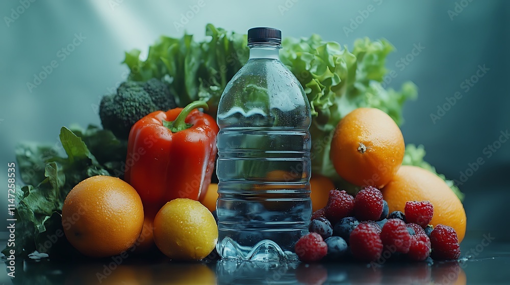Fresh fruits and vegetables with water bottle healthy living indoor Fresh fruits and vegetables with water bottle healthy living indoor