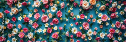 Vintage-style artificial flowers arranged on a wall as a beautiful backdrop for photography or events, background, flower wall