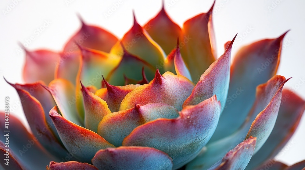 A close-up of a succulent cactus with vivid colors, showcasing its sharp spines and intricate textures, set against a clean white backdrop A close-up of a succulent cactus with vivid colors, showcasing its sharp spines and intricate textures, set against a clean white backdrop