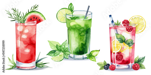 Set of summer cocktails, organic lemonades in glass. Refreshing summer beverages of a watermelon and berries mocktail, Mojito. Watercolor illustrations for menu and beverages lettering posters.