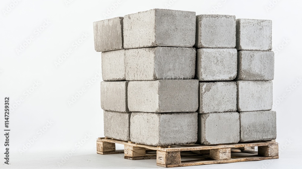 A close-up of cement blocks stacked neatly on a pallet, isolated on a white background, capturing the industrial and robust nature of the material A close-up of cement blocks stacked neatly on a pallet, isolated on a white background, capturing the industrial and robust nature of the material