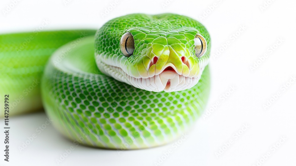 Obraz premium Close-up portrait of a vibrant green tree python coiled against a clean white background.