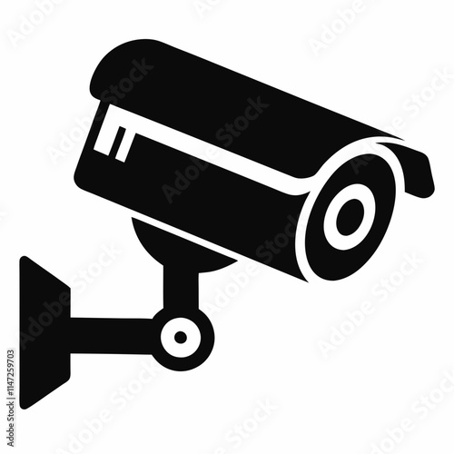 Black silhouette of a security camera isolated on white backdrop. Concept of security, monitoring.