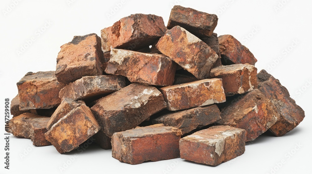 A close-up view of a rugged, weathered pile of bricks, with uneven surfaces, cracks, and dirt, isolated on a white background for a minimalist industrial look A close-up view of a rugged, weathered pile of bricks, with uneven surfaces, cracks, and dirt, isolated on a white background for a minimalist industrial look