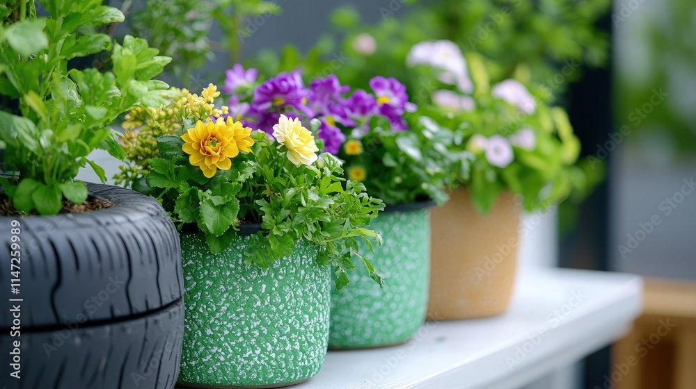 Obraz premium Colorful flowers in various pots and recycled tire planter.